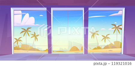 Sea and beach window view from tropical hotel room 119321016