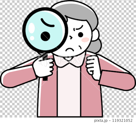 一位高級女性的上半身透過放大鏡，表情嚴峻 119321052