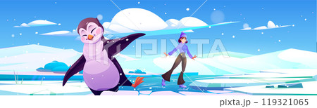 Girl ice skating, dancing penguin vector landscape 119321065