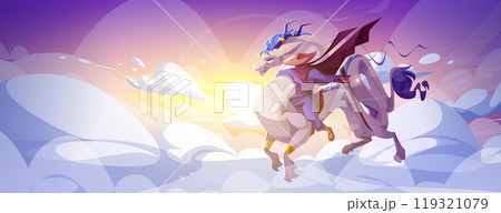 Rider on fantasy dragon in magic sky background 119321079