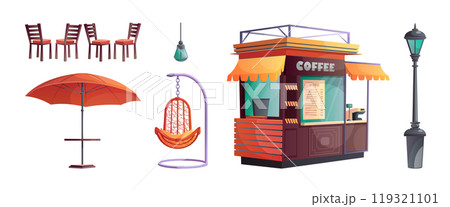Street outdoor cafe table vector element set Street outdoor cafe table vector element set 119321101