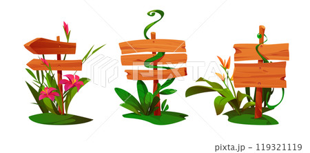 Jungle wooden sign board with plants and flowers. Jungle wooden sign board with plants and flowers. 119321119