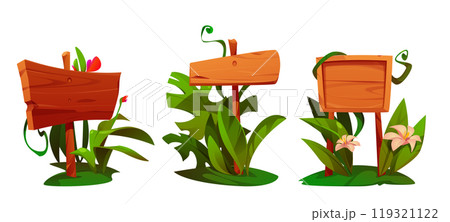 Jungle wooden sign board with plants and flowers. 119321122