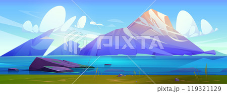 Mountain landscape seen across sea bay Mountain landscape seen across sea bay 119321129