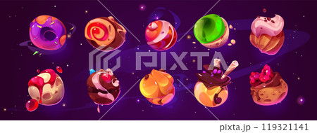 Fantasy candy planet in cartoon game assets set. Fantasy candy planet in cartoon game assets set. 119321141