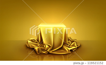 Square podium and gold silk cloth cover background Square podium and gold silk cloth cover background 119321152