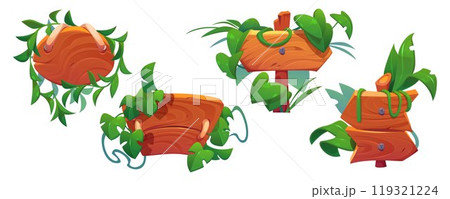 Wooden jungle game ui sign board cartoon vector Wooden jungle game ui sign board cartoon vector 119321224
