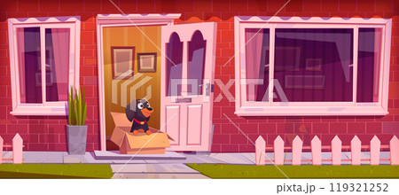 Dachshund dog sit in box near house front door 119321252