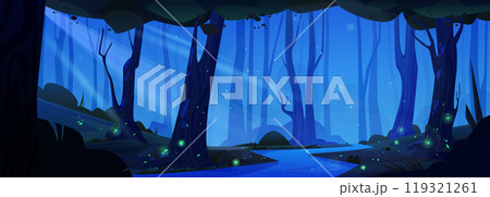 Night forest landscape with river, green fireflies Night forest landscape with river, green fireflies 119321261