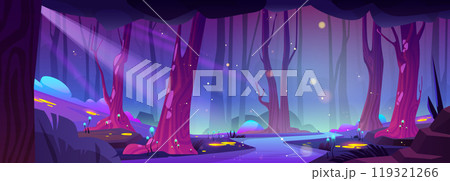 Fairytale night forest with river and fireflies 119321266