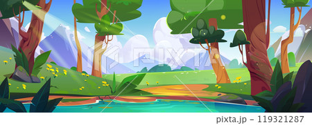 Forest nature with lake and mountain vector scene Forest nature with lake and mountain vector scene 119321287