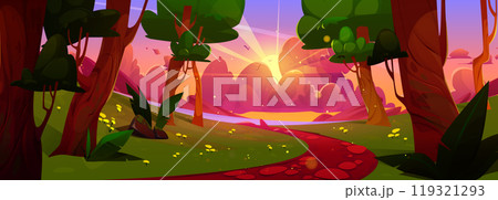 Sunset in forest, path to sea in summer background Sunset in forest, path to sea in summer background 119321293