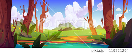 Spring forest landscape with lake and flowers 119321294