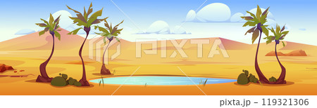 Sandy desert with small lake under palm trees 119321306