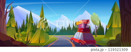 Car with luggage on top driving forest highway 119321309