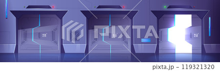 Futuristic spaceship wall with open, closed gates Futuristic spaceship wall with open, closed gates 119321320