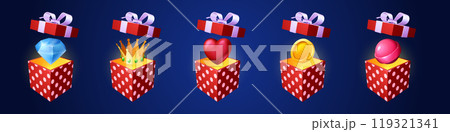 Casino game open gift box with bonus money coin 119321341