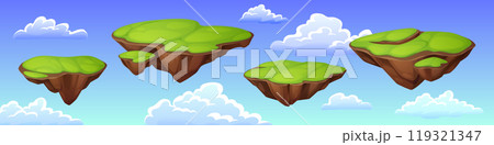 Green islands flying in blue sky with clouds 119321347