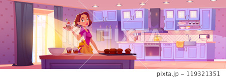 Woman with cupcakes in kitchen vector illustration Woman with cupcakes in kitchen vector illustration 119321351