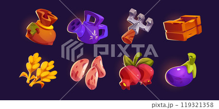Cartoon set of farm game assets and harvest Cartoon set of farm game assets and harvest 119321358