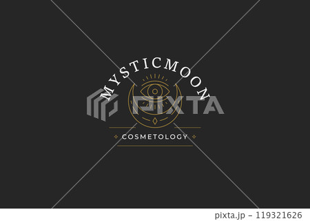 Ancient wisdom all seeing eye with crescent line art logo design template vector illustration 119321626