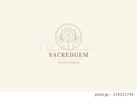 Sacred hands with crescent and gem crystal line art logo design template vector illustration Sacred hands with crescent and gem crystal line art logo design template vector illustration 119321734