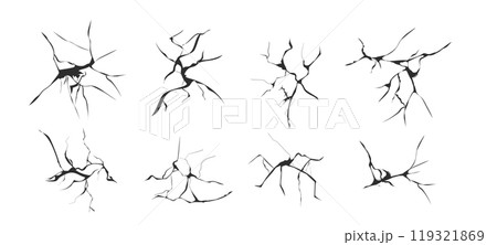 Cracked glass, wall, egg, fissures in ground top view. Set concrete, crevices from disaster, surface from earthquake, Ruined breaked land surface doodle, hand drawn Cracked glass, wall, egg, fissures in ground top view. Set concrete, crevices from disaster, surface from earthquake, Ruined breaked land surface doodle, hand drawn 119321869