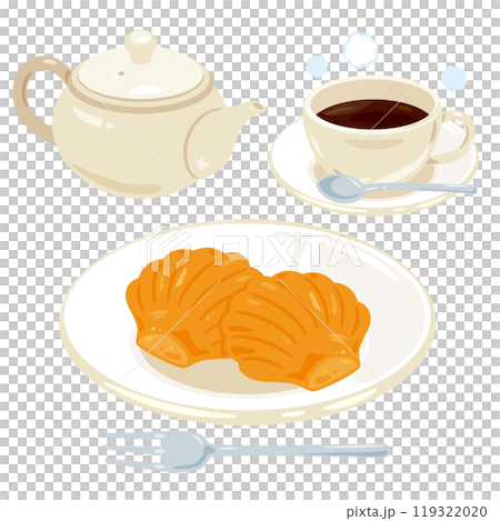 皿に盛られたマドレーヌとコーヒーセット 119322020