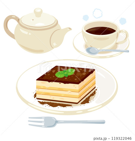 皿に盛られたティラミスとコーヒーセット 皿に盛られたティラミスとコーヒーセット 119322046