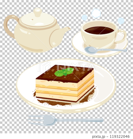 皿に盛られたティラミスとコーヒーセット 皿に盛られたティラミスとコーヒーセット 119322046
