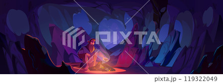 Man sitting near bonfire in dark cave Man sitting near bonfire in dark cave 119322049