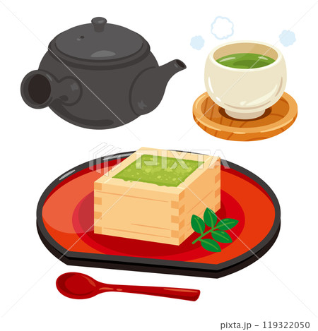 お盆に盛られた升入りティラミスと日本茶セット お盆に盛られた升入りティラミスと日本茶セット 119322050