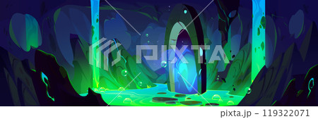 Mystical portal in dark cave with glowing liquid 119322071
