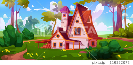Cute house with wooden windows and doors in forest Cute house with wooden windows and doors in forest 119322072