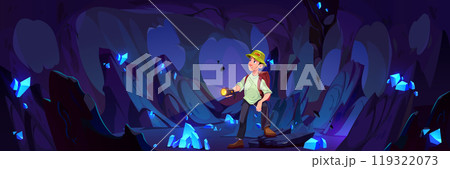 Man looking for crystal treasure inside mine cave Man looking for crystal treasure inside mine cave 119322073