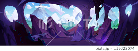 View of mountains and forest from inside cave. View of mountains and forest from inside cave. 119322074