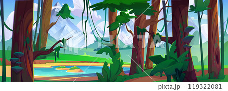 Lake in forest with high rocky mountains 119322081