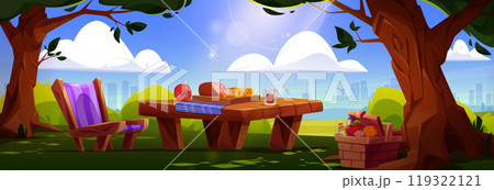 Picnic in city park setup - food on table, basket 119322121