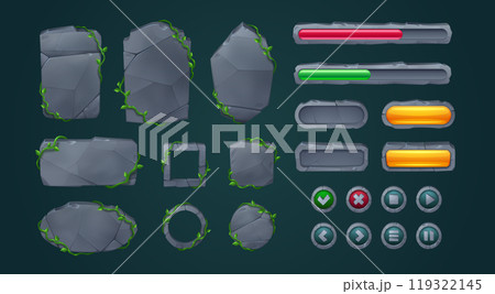 Stone game menu element, cartoon board and button 119322145