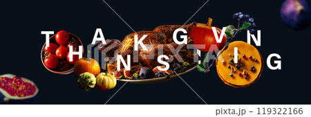 Vibrant Thanksgiving feast with roasted turkey, colorful vegetables and fruits. Spirit of gratitude. Creative modern design. 119322166