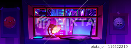 View on night city with neon glow through window View on night city with neon glow through window 119322219