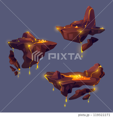 Floating islands of rocky land with lava eruption Floating islands of rocky land with lava eruption 119322271