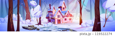 Winter snow forest landscape with house near tree Winter snow forest landscape with house near tree 119322274