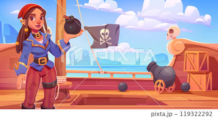 Female pirate character with bomb on ship Female pirate character with bomb on ship 119322292