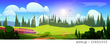 Summer valley landscape with fir tree forest Summer valley landscape with fir tree forest 119322313