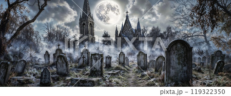 Haunted Graveyard with Gothic Church and Full Moon 119322350