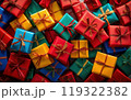 Colorful wrapped gift boxes forming a festive background banner Colorful wrapped gift boxes forming a festive background banner 119322382