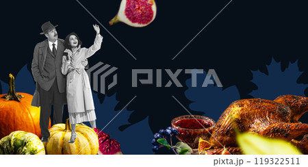 Couple in classic vintage outfits standing at pumpkins and turkey, against dark background. Thanksgiving 119322511
