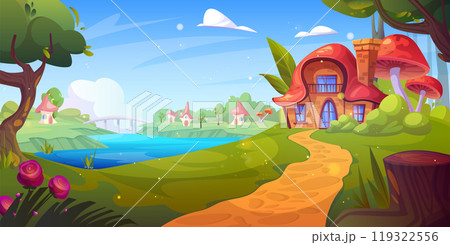 Fairytale cartoon fantasy house in forest vector Fairytale cartoon fantasy house in forest vector 119322556