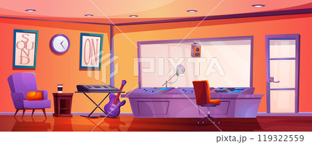 Sound recording studio with synthesizer, guitar 119322559